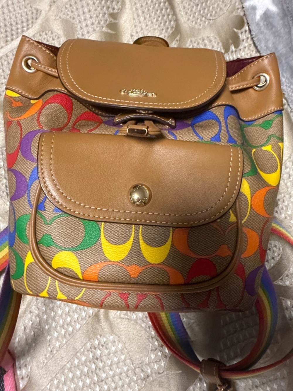 Coach Multicolor Signature Canvas Backpack with Tan Leather Trim